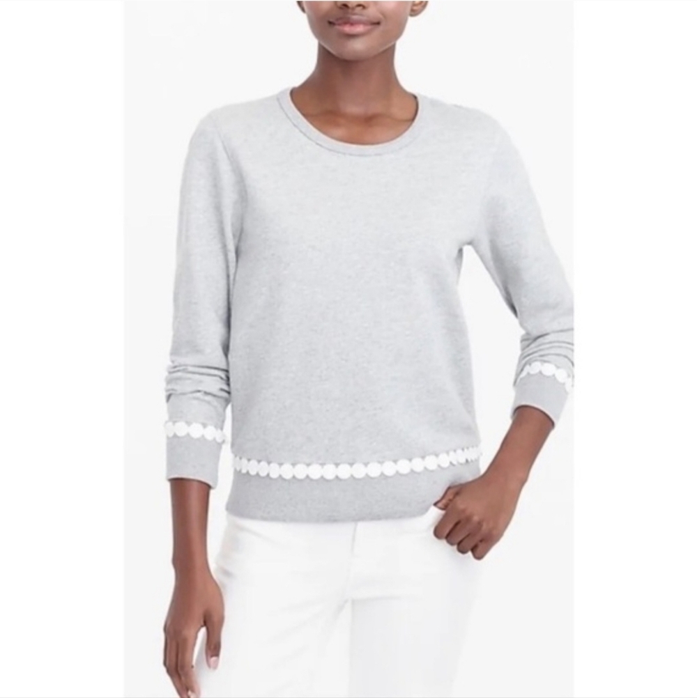 J.Crew Pom Pom Gray Sweatshirt Scallops  Large Preppy Revival Elevated Basics‎